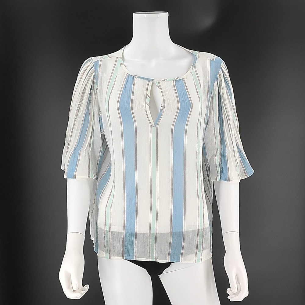 LOFT Women Blue White Striped Lyocell Keyhole Flutter Sleeve Blouse Large